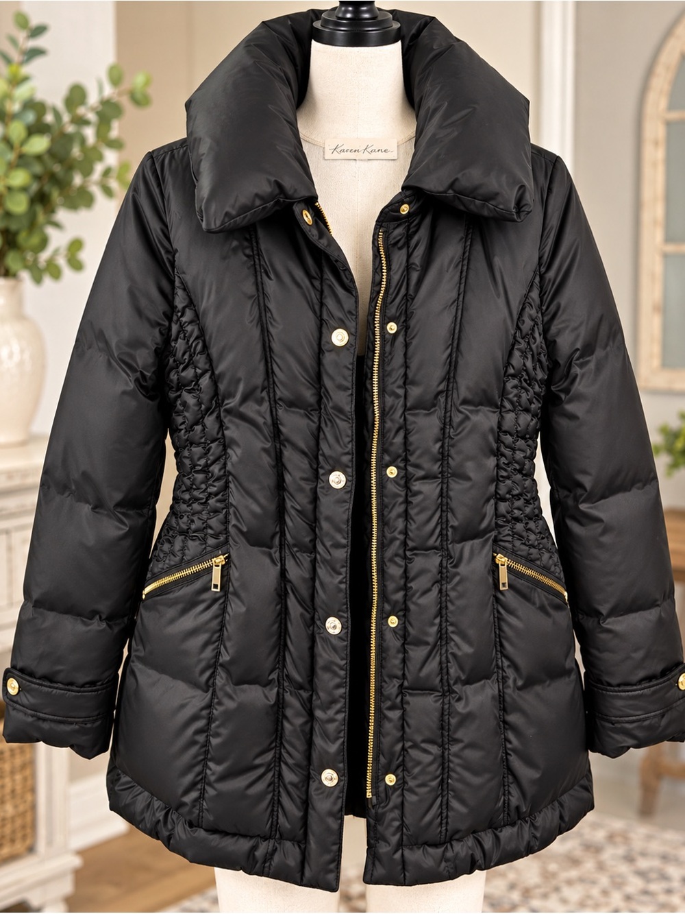 Kenneth Cole New York Black Quilted Puffer Coat with Gold Hardware